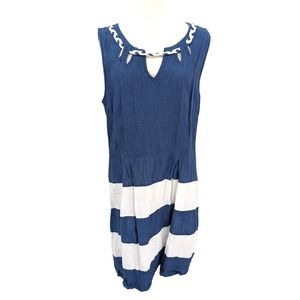 Umberto Carro Positano Blue White Linen Dress Braided Neck XXL